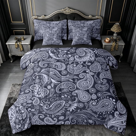 meiyoeat Navy Paisley 7-Piece King Bedding,Vintage Print King Bed in a Bag For Men Women,Black Reversible