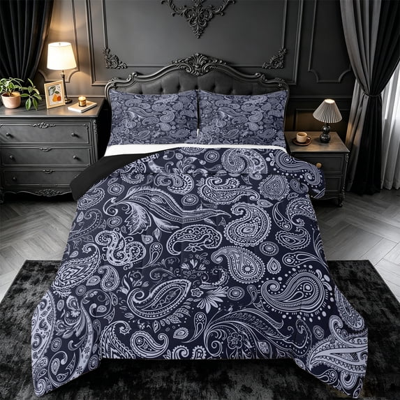 meiyoeat Navy Paisley King Size Comforter Sets,Vintage Print Comforters King Size For Men Women,Black Reversible,3pcs,1 Comforter and 2 Pillowcases