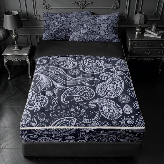 meiyoeat Navy Paisley Zipper Twin Comforter Sets with Fitted Sheet and 2 Pillowcases,Vintage Print Zipper Bedding Set For Men Women,Black Reversible,4-Piece