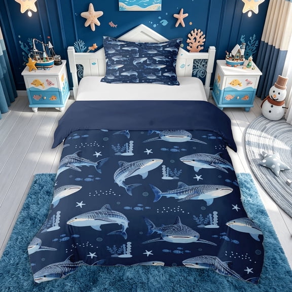 meiyoeat Navy Whale Shark Twin Duvet Cover for Kids Boys, Starfish Ocean Twin Bedding for Bedroom, Blue Reversible, 2 Pieces
