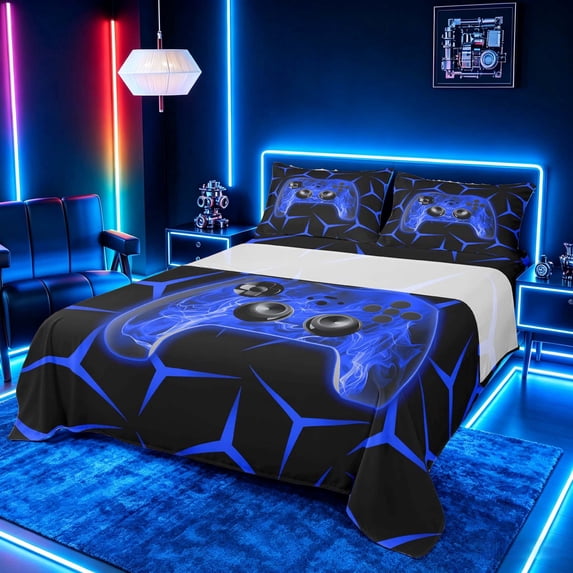 meiyoeat Neon Blue Flame Game Controller Full Size Sheets for Kids Boys, Blue Geometric Gaming Bed Sheets, 4-Piece, 1 Flat Sheet, 1 Fitted Sheet and 2 Pillowcases