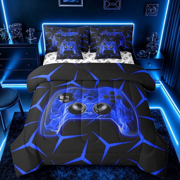 meiyoeat Neon Blue Flame Game Controller Twin Bedding Sets for Kids Boys, Blue Geometric Gaming Bedding Comforter Set, Gamepad Reversible 7pcs