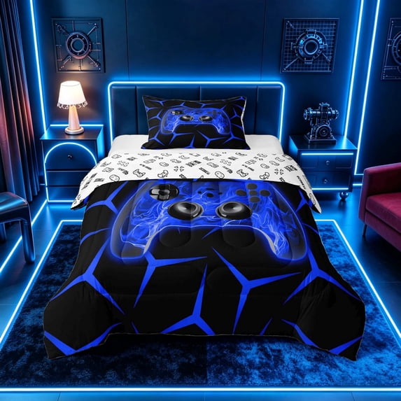 meiyoeat Neon Blue Flame Game Controller Twin Comforter Sets for Kids Boys, Blue Geometric Gaming Bedding Set, Gamepad Reversible 2pcs, 1 Comforter and 1 Pillowcase
