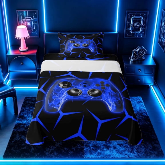 meiyoeat Neon Blue Flame Game Controller Twin Sheet Sets for Kids Boys, Blue Geometric Gaming Bedding, 3pcs, 1 Flat Sheet, 1 Fitted Sheet and 1 Pillowcase