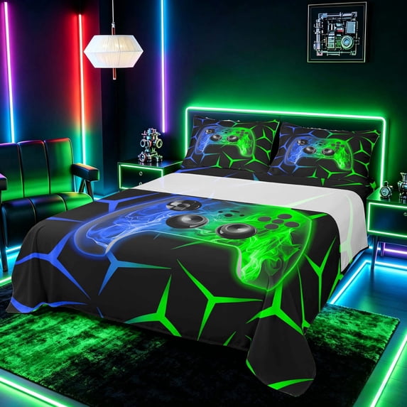 meiyoeat Neon Blue-Green Flame Game Controller Full Size Sheets for Kids Boys, Dual-Tone Geometric Gaming Bed Sheets, 4-Piece, 1 Flat Sheet, 1 Fitted Sheet and 2 Pillowcases