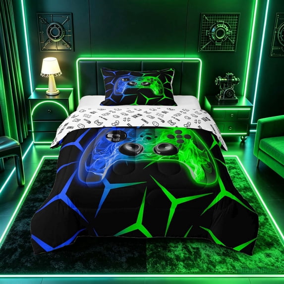 meiyoeat Neon Blue-Green Flame Game Controller Twin Comforter Sets for Kids Boys, Dual-Tone Geometric Gaming Bedding Set, Gamepad Reversible 2pcs, 1 Comforter and 1 Pillowcase