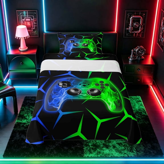 meiyoeat Neon Blue-Green Flame Game Controller Twin Sheet Sets for Kids Boys, Dual-Tone Geometric Gaming Bedding, 3pcs, 1 Flat Sheet, 1 Fitted Sheet and 1 Pillowcase