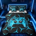 thumbnail image 1 of meiyoeat Neon Cyan Flame Game Controller Bedding Comforter Set for Kids Boys, Cyan Geometric Gaming Full Bedding Set, Gamepad Reversible 7pcs, 1 of 6