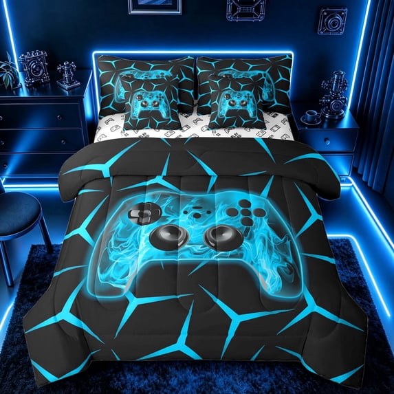 meiyoeat Neon Cyan Flame Game Controller Bedding Comforter Set for Kids Boys, Cyan Geometric Gaming Full Bedding Set, Gamepad Reversible 7pcs