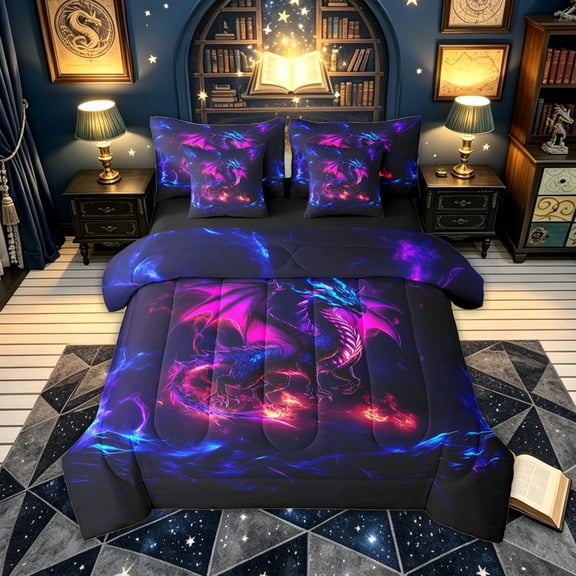 meiyoeat Neon Flame Winged Dragon Twin Bedding for Men Women Kids, Mystic Wildlife Bedding Comforter Set, Purple Blue, Black Reversible, 7-Piece