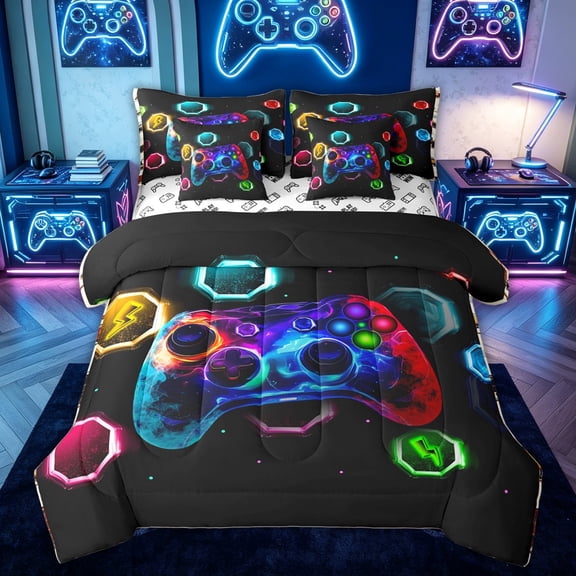 meiyoeat Neon Gamepad Gaming Twin Bedding for Kids Boys, Gamer Controller Bedding Comforter Set for Bedroom, Black, Gamepad Reversible, 7 Pieces