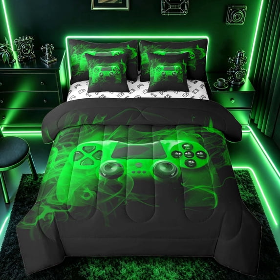 meiyoeat Neon Green Smoke Gaming Bedding Comforter Set for Boys Teens, Video Game Gamer Full Bedding Set, Black Green, Gamepad Reversible 7pcs