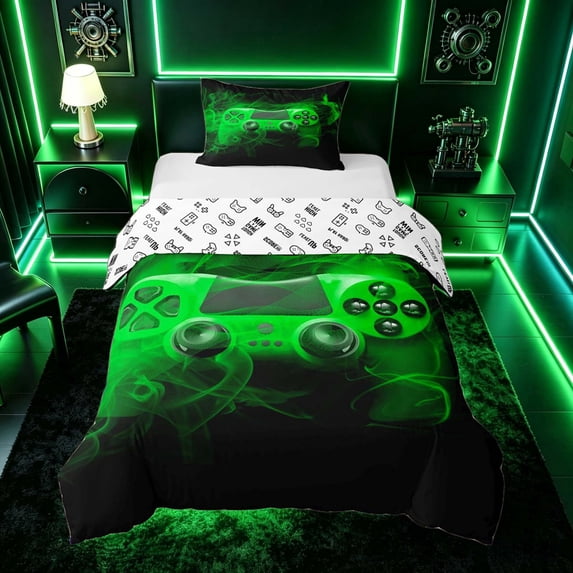 meiyoeat Neon Green Smoke Gaming Twin Bedding for Boys Teens, Video Game Gamer Duvet Cover Set, Black Green, Gamepad Reversible2 Pieces, 1 Duvet Cover and 1 Pillowcase