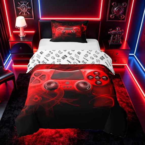 meiyoeat Neon Green Smoke Gaming Twin Bedding for Boys Teens, Video Game Gamer Duvet Cover Set, Black Red, Gamepad Reversible 2-Piece, 1 Duvet Cover and 1 Pillowcase
