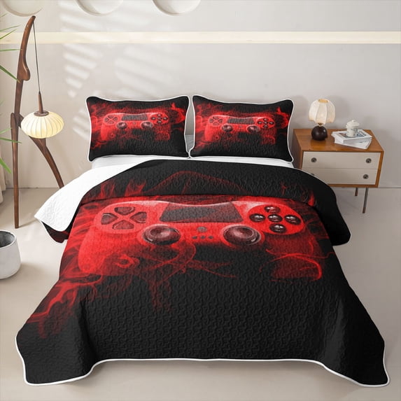 meiyoeat Neon Green Smoke Gaming Twin Quilt Set for Boys Teens, Video Game Gamer Twin Coverlet Set, Black Red, 2pcs 1 Bedspread and 1 Pillowcase