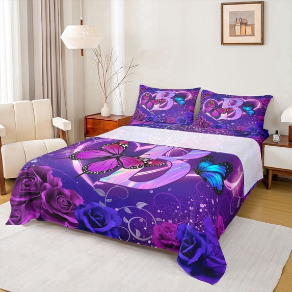 meiyoeat Neon Heart Initial B Bed Sheets,Purple Butterfly Flower Blossom Full Size Sheets For Girl,4pcs,1 Flat Sheet,1 Fitted Sheet and 2 Pillowcases