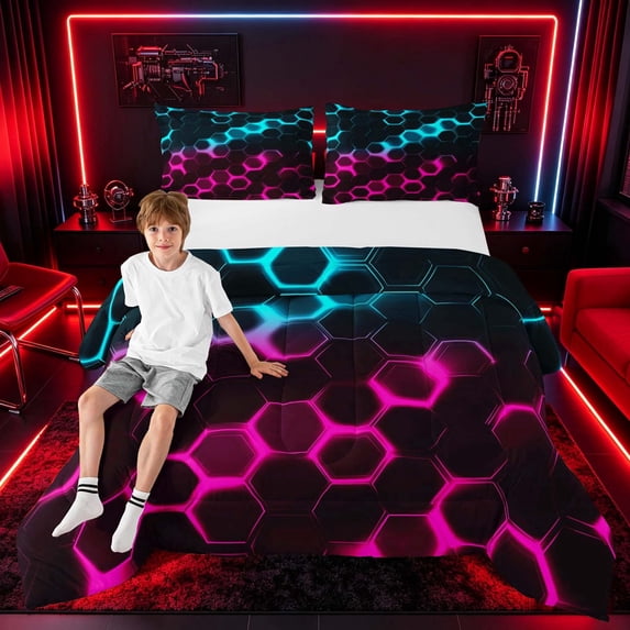 meiyoeat Neon Honeycomb Pattern Full Size Comforter Sets for Boys Girls, Geometric Hexagon Bedding Sets, Cyan Pink, Black Reversible 3 Pieces, 1 Comforter and 2 Pillowcases