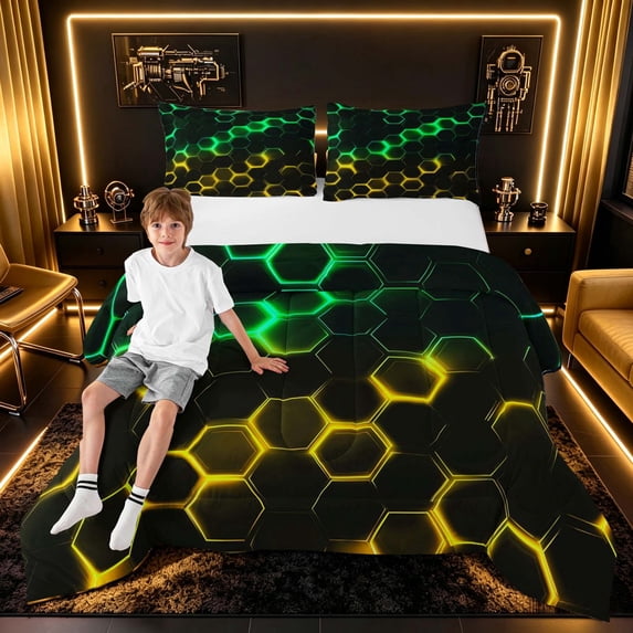 meiyoeat Neon Honeycomb Pattern Full Size Comforter Sets for Boys Girls, Geometric Hexagon Bedding Sets, Green Yellow, Black Reversible 3pcs, 1 Comforter and 2 Pillowcases
