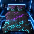 thumbnail image 1 of meiyoeat Neon Honeycomb Pattern King Bedding Sets for Boys Girls, Geometric Hexagon Bedding Comforter Set, Purple Cyan, Black Reversible 7-Piece, 1 of 6