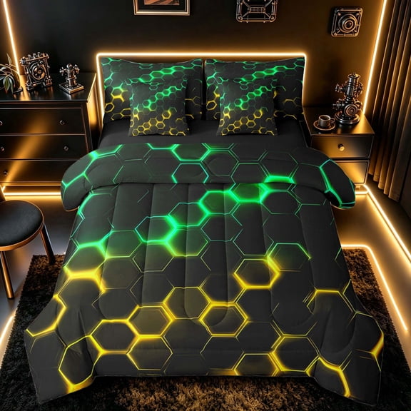 meiyoeat Neon Honeycomb Pattern Twin Bedding Sets for Boys Girls, Geometric Hexagon Bedding Comforter Set, Green Yellow, Black Reversible 7 Pieces