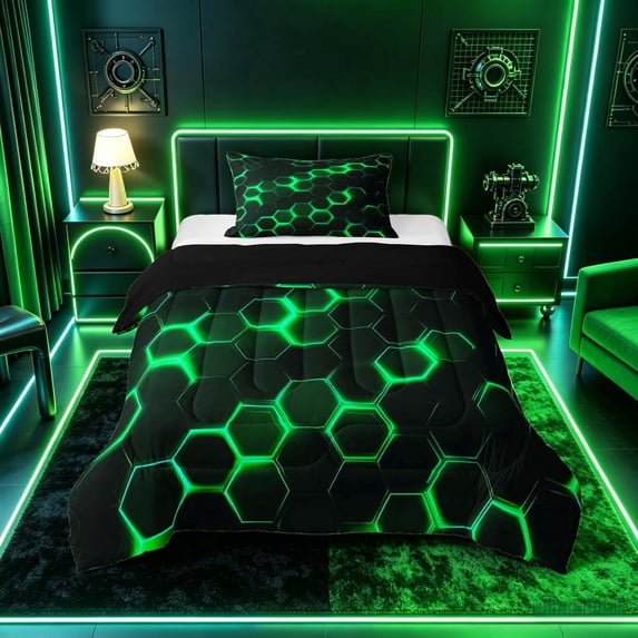 meiyoeat Neon Honeycomb Pattern Twin Comforter Sets for Boys Girls, Geometric Hexagon Bedding Set, Green, Black Reversible 2pcs, 1 Comforter and 1 Pillowcase