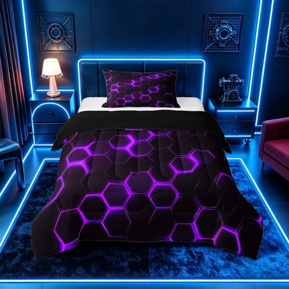 meiyoeat Neon Honeycomb Pattern Twin Comforter Sets for Boys Girls, Geometric Hexagon Bedding Set, Purple, Black Reversible 2 Pieces, 1 Comforter and 1 Pillowcase
