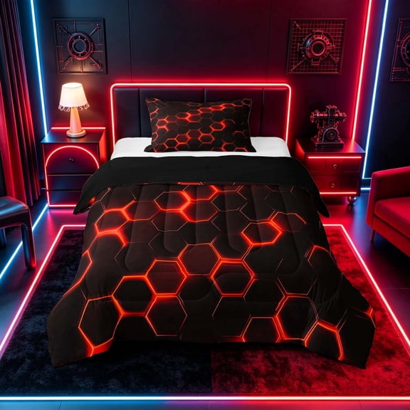 meiyoeat Neon Honeycomb Pattern Twin Comforter Sets for Boys Girls, Geometric Hexagon Bedding Set, Red, Black Reversible 2pcs, 1 Comforter and 1 Pillowcase