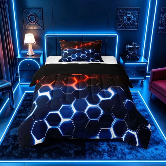 meiyoeat Neon Honeycomb Pattern Twin Comforter Sets for Boys Girls, Geometric Hexagon Bedding Set, Red Blue, Black Reversible 2pcs, 1 Comforter and 1 Pillowcase
