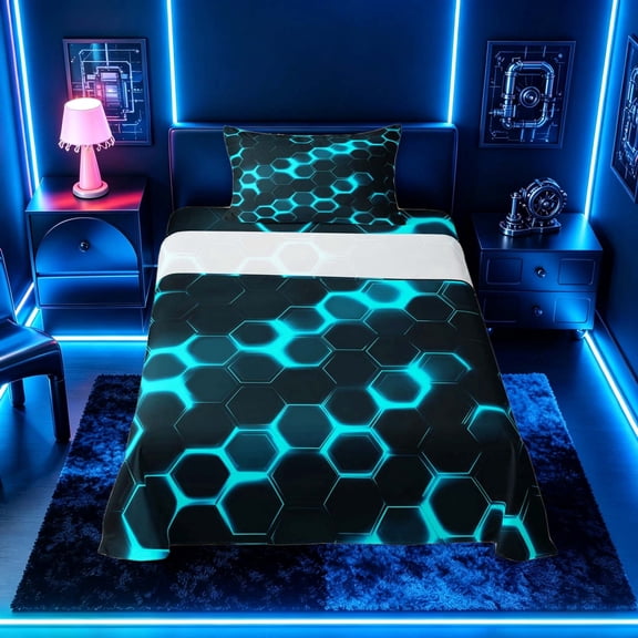 meiyoeat Neon Honeycomb Pattern Twin Sheet Sets for Boys Girls, Geometric Hexagon Bedding, Cyan, 3-Piece, 1 Flat Sheet, 1 Fitted Sheet and 1 Pillowcase