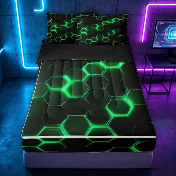 meiyoeat Neon Honeycomb Pattern Zipper Twin Comforter Sets with Fitted Sheet and 2 Pillowcases for Boys Girls, Geometric Hexagon Zipper Bedding Set, Green, Black Reversible