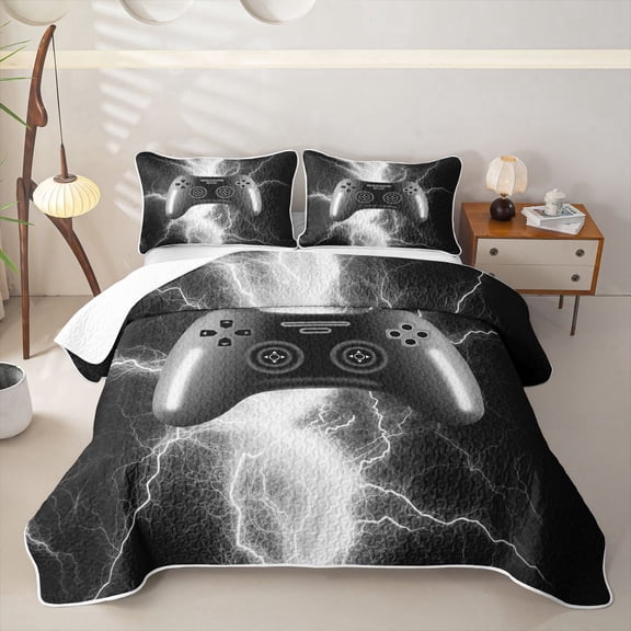 meiyoeat Neon Lightning Gamer Bed Spread Queen for Teens Boys, Electric Black White Gaming Queen Coverlet Set, 3-Piece 1 Quilt and 2 Pillowcases