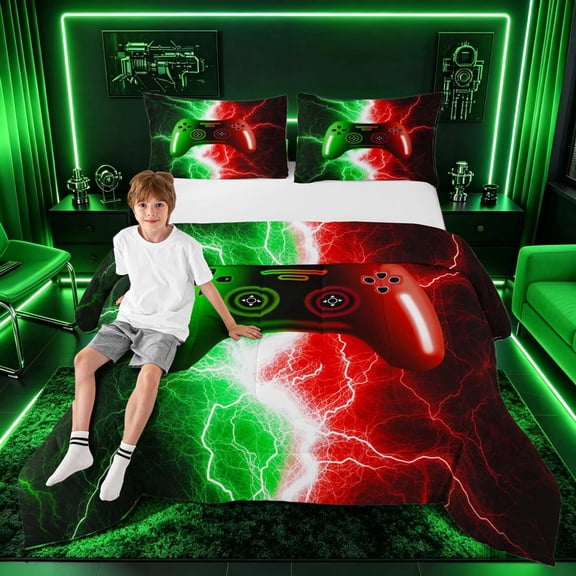 meiyoeat Neon Lightning Gamer Full Size Comforter Sets for Teens Boys, Electric Green Red Gaming Bedding Sets, Black Reversible 3pcs, 1 Comforter and 2 Pillowcases
