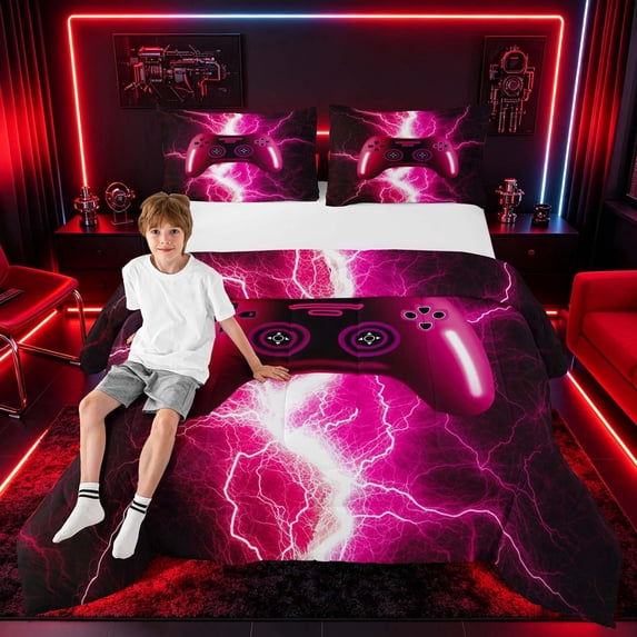 meiyoeat Neon Lightning Gamer Full Size Comforter Sets for Teens Boys, Electric Pink Gaming Bedding Sets, Black Reversible 3-Piece, 1 Comforter and 2 Pillowcases
