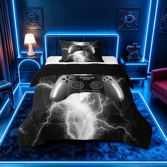 meiyoeat Neon Lightning Gamer Twin Comforter Sets for Teens Boys, Electric Black White Gaming Bedding Set, Black Reversible 2-Piece, 1 Comforter and 1 Pillowcase