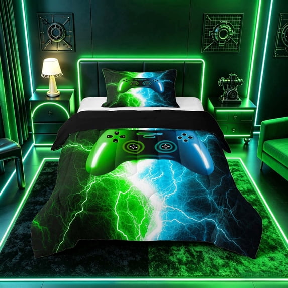 meiyoeat Neon Lightning Gamer Twin Comforter Sets for Teens Boys, Electric Green Blue Gaming Bedding Set, Black Reversible 2 Pieces, 1 Comforter and 1 Pillowcase