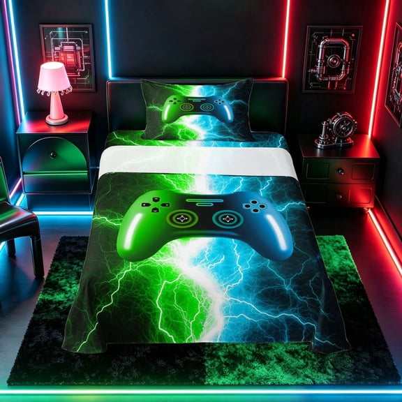 meiyoeat Neon Lightning Gamer Twin Sheet Sets for Teens Boys, Electric Green Blue Gaming Bedding, 3 Pieces, 1 Flat Sheet, 1 Fitted Sheet and 1 Pillowcase