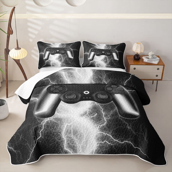 meiyoeat Neon Lightning Gaming Bed Spread Queen for Boys Girls, Electric Gamer Queen Coverlet Set, Black White, 3pcs 1 Quilt and 2 Pillowcases