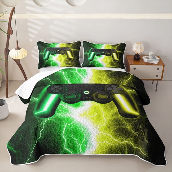 meiyoeat Neon Lightning Gaming Bed Spread Queen for Boys Girls, Electric Gamer Queen Coverlet Set, Green Yellow, 3-Piece 1 Quilt and 2 Pillowcases