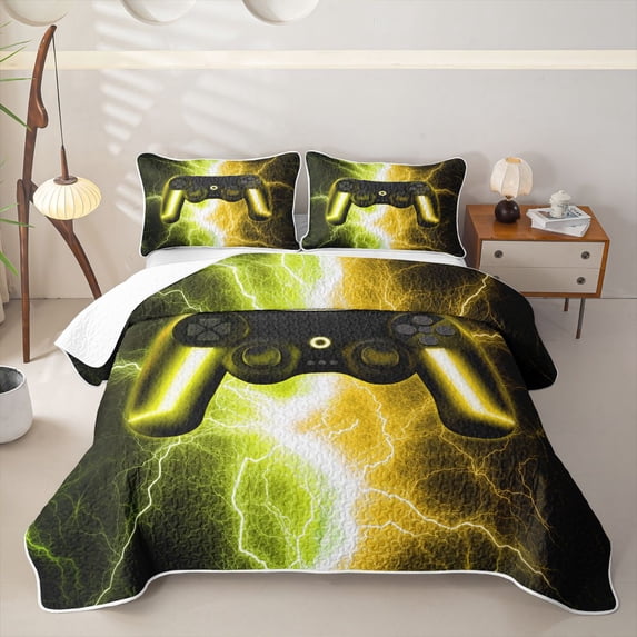 meiyoeat Neon Lightning Gaming Bed Spread Queen for Boys Girls, Electric Gamer Queen Coverlet Set, Yellow Green, 3 Pieces 1 Quilt and 2 Pillowcases