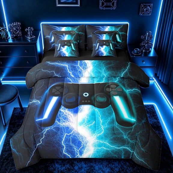 meiyoeat Neon Lightning Gaming Bedding Comforter Set for Boys Girls, Electric Gamer Full Bedding Set, Blue Cyan, Black Reversible 7-Piece