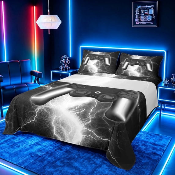 meiyoeat Neon Lightning Gaming Full Size Sheets for Boys Girls, Electric Gamer Bed Sheets, Black White, 4-Piece, 1 Flat Sheet, 1 Fitted Sheet and 2 Pillowcases