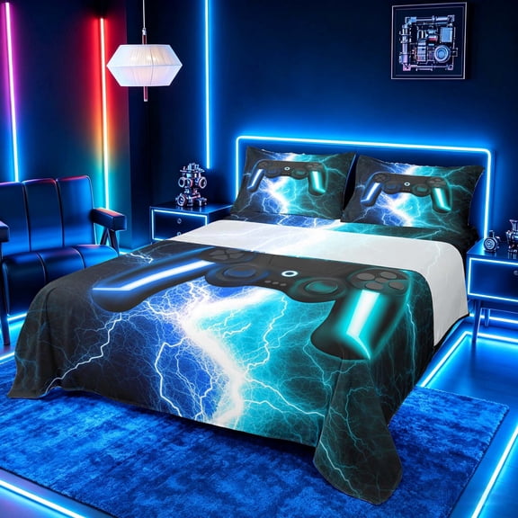 meiyoeat Neon Lightning Gaming Full Size Sheets for Boys Girls, Electric Gamer Bed Sheets, Blue Cyan, 4-Piece, 1 Flat Sheet, 1 Fitted Sheet and 2 Pillowcases