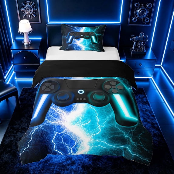 meiyoeat Neon Lightning Gaming Twin Bedding for Boys Girls, Electric Gamer Duvet Cover Set, Blue Cyan, Black Reversible 2pcs, 1 Duvet Cover and 1 Pillowcase