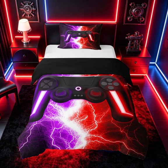 meiyoeat Neon Lightning Gaming Twin Bedding for Boys Girls, Electric Gamer Duvet Cover Set, Purple Red, Black Reversible 2-Piece, 1 Duvet Cover and 1 Pillowcase