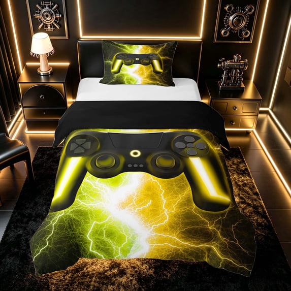 meiyoeat Neon Lightning Gaming Twin Bedding for Boys Girls, Electric Gamer Duvet Cover Set, Yellow Green, Black Reversible2 Pieces, 1 Duvet Cover and 1 Pillowcase