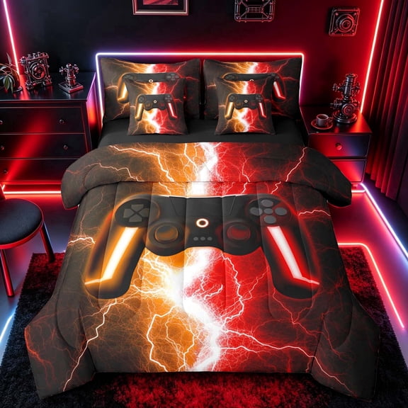 meiyoeat Neon Lightning Gaming Twin Bedding Sets for Boys Girls, Electric Gamer Bedding Comforter Set, Orange Red, Black Reversible 7 Pieces