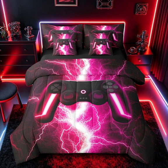 meiyoeat Neon Lightning Gaming Twin Bedding Sets for Boys Girls, Electric Gamer Bedding Comforter Set, Pink, Black Reversible 7 Pieces