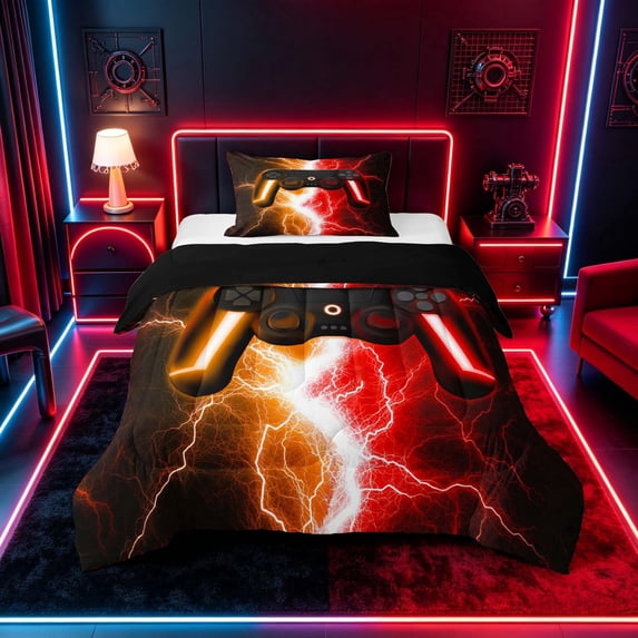 meiyoeat Neon Lightning Gaming Twin Comforter Sets for Boys Girls, Electric Gamer Bedding Set, Orange Red, Black Reversible 2 Pieces, 1 Comforter and 1 Pillowcase