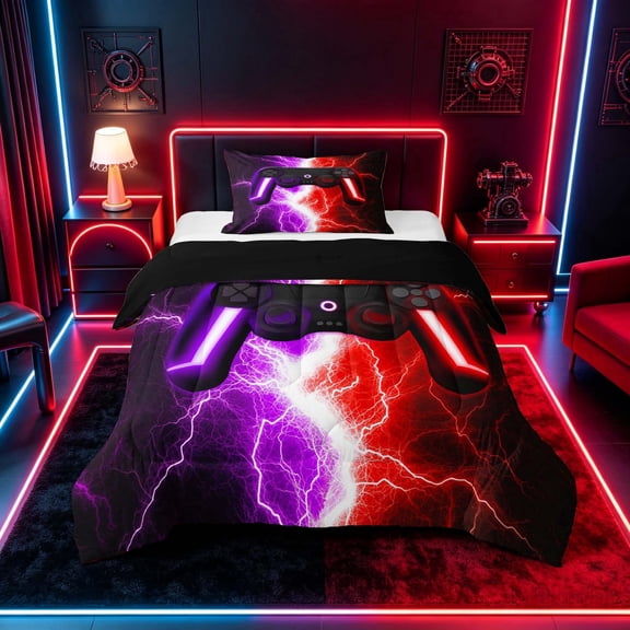 meiyoeat Neon Lightning Gaming Twin Comforter Sets for Boys Girls, Electric Gamer Bedding Set, Purple Red, Black Reversible 2-Piece, 1 Comforter and 1 Pillowcase