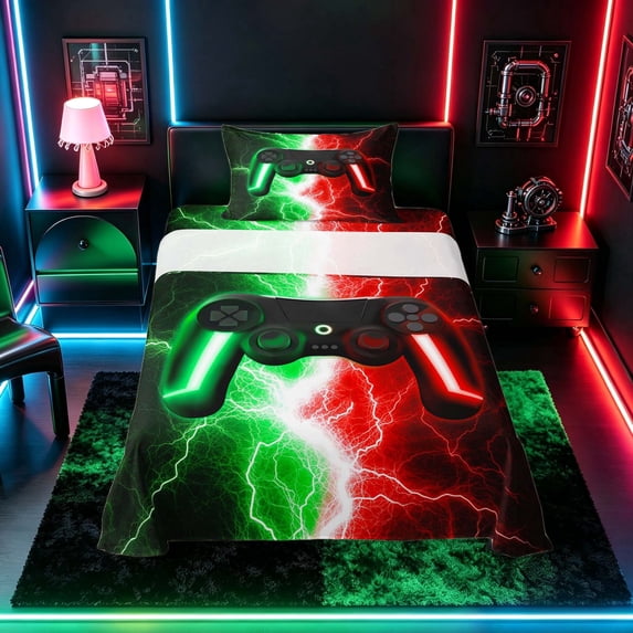 meiyoeat Neon Lightning Gaming Twin Sheet Sets for Boys Girls, Electric Gamer Bedding, Green Red, 3-Piece, 1 Flat Sheet, 1 Fitted Sheet and 1 Pillowcase